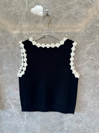 Sandro Black Knit Top & Skirt Set with White Floral Trim
