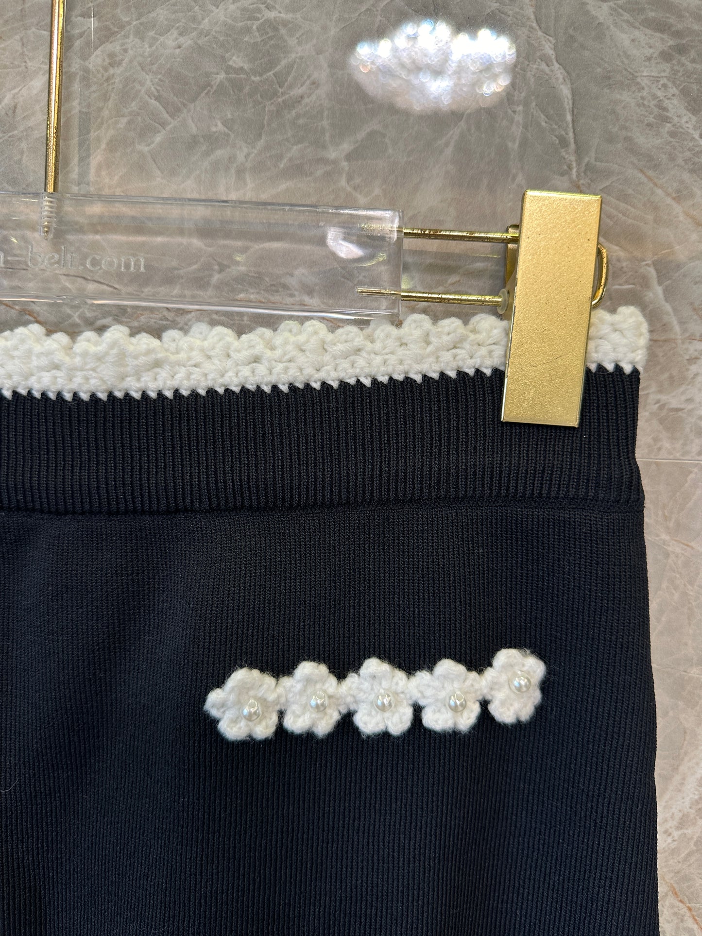 Sandro Black Knit Top & Skirt Set with White Floral Trim