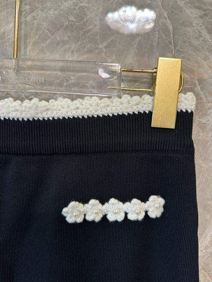 Sandro Black Knit Top & Skirt Set with White Floral Trim