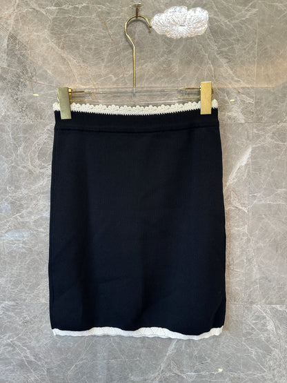 Sandro Black Knit Top & Skirt Set with White Floral Trim