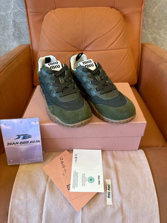Miu Miu Green Mixed-Material Lace-Up Sneakers