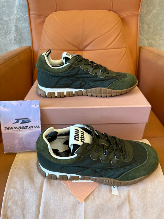 Miu Miu Green Mixed-Material Lace-Up Sneakers