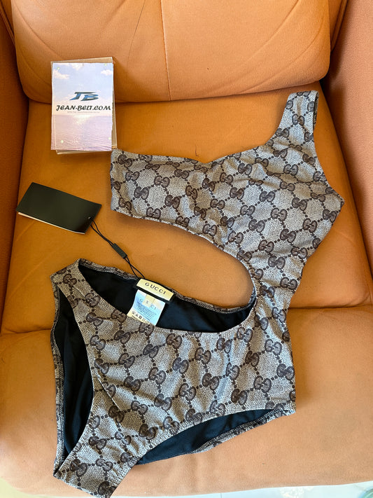 Gucci GG Supreme One-Shoulder Cut-Out Monogram Swimsuit