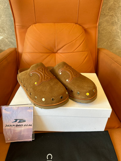 Celine Triomphe Studded Suede Mules – Tan