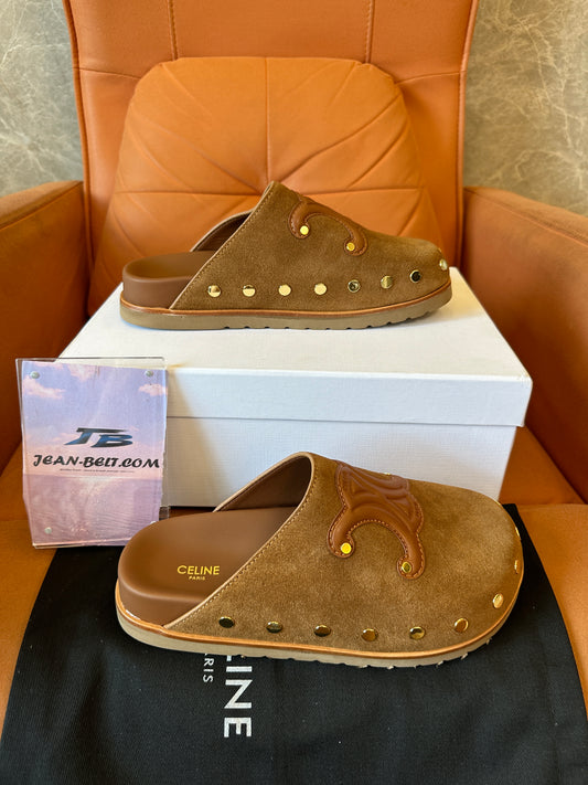 Celine Triomphe Studded Suede Mules – Tan