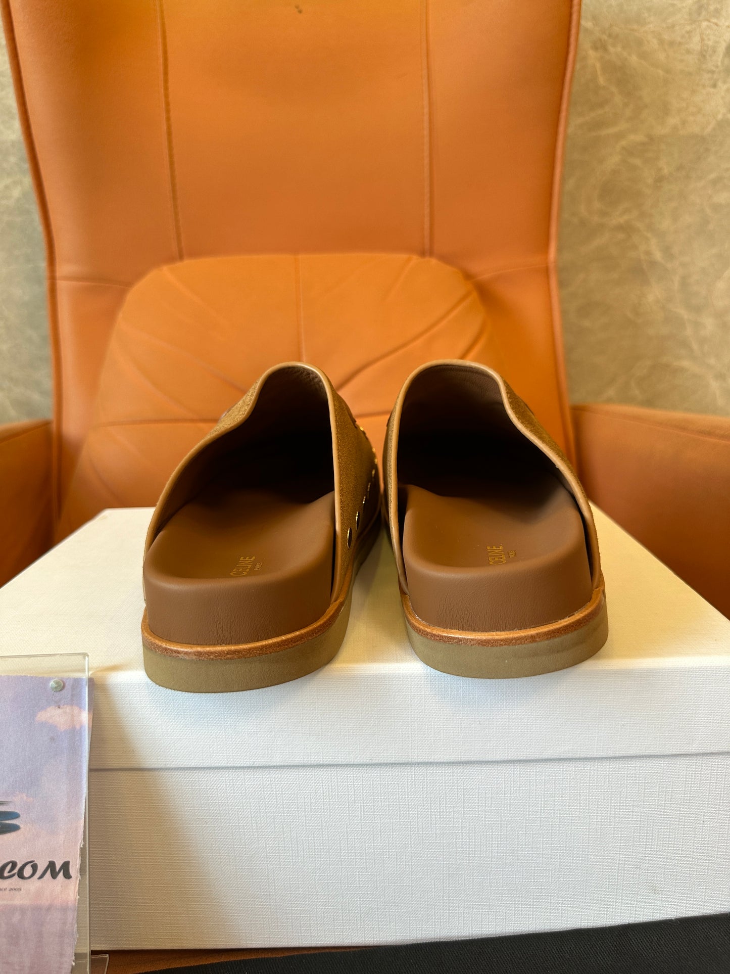 Celine Triomphe Studded Suede Mules – Tan