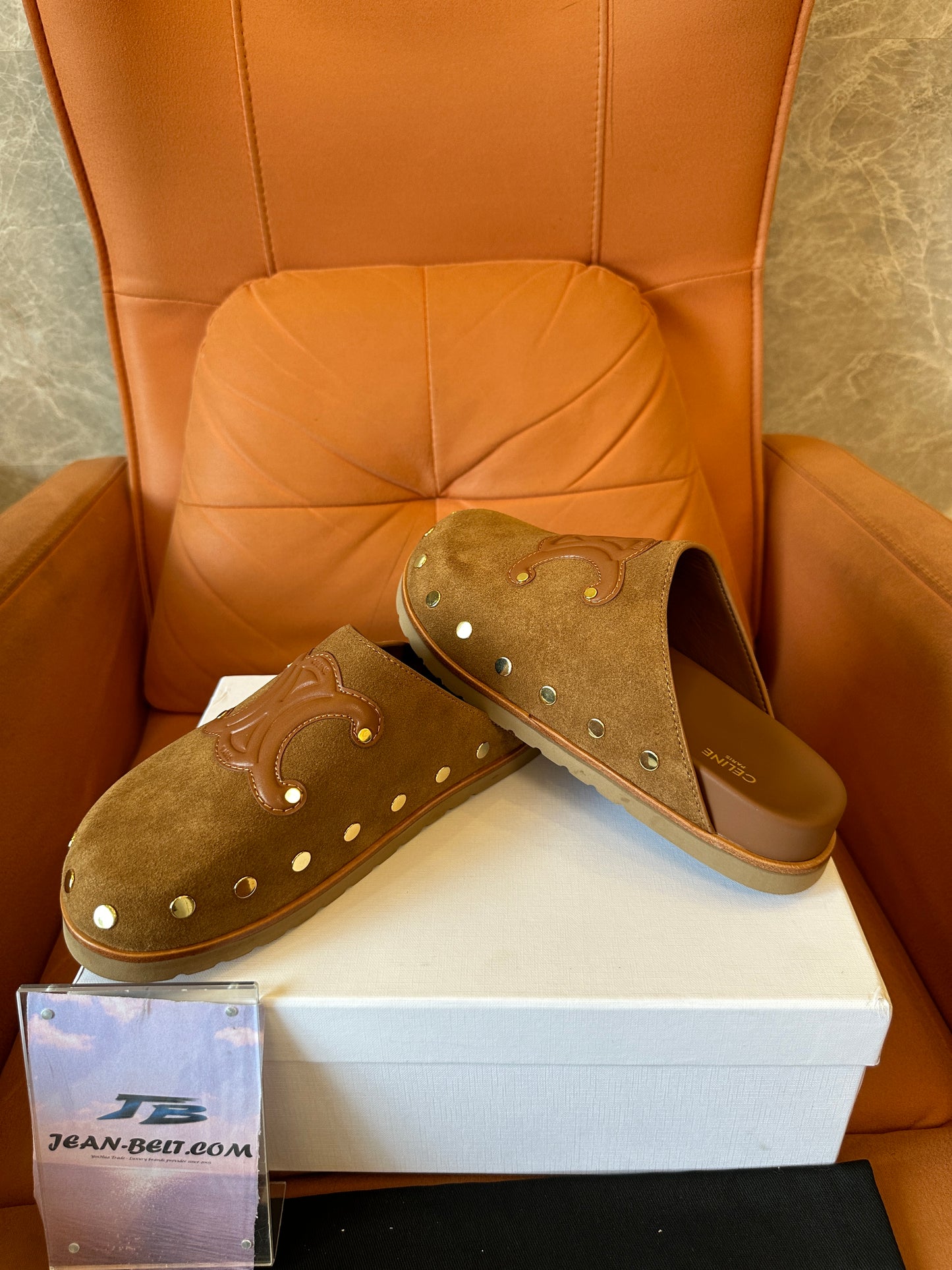 Celine Triomphe Studded Suede Mules – Tan