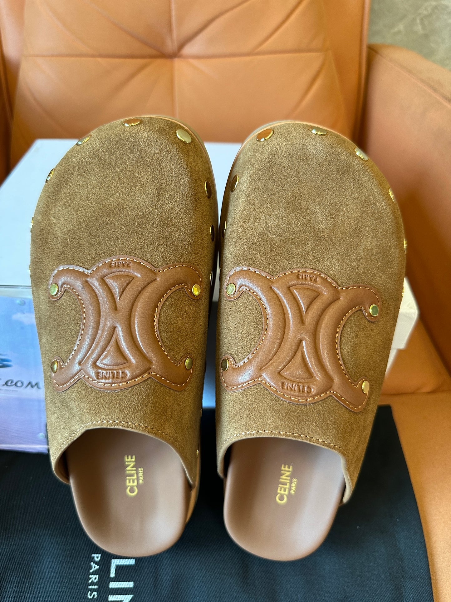 Celine Triomphe Studded Suede Mules – Tan
