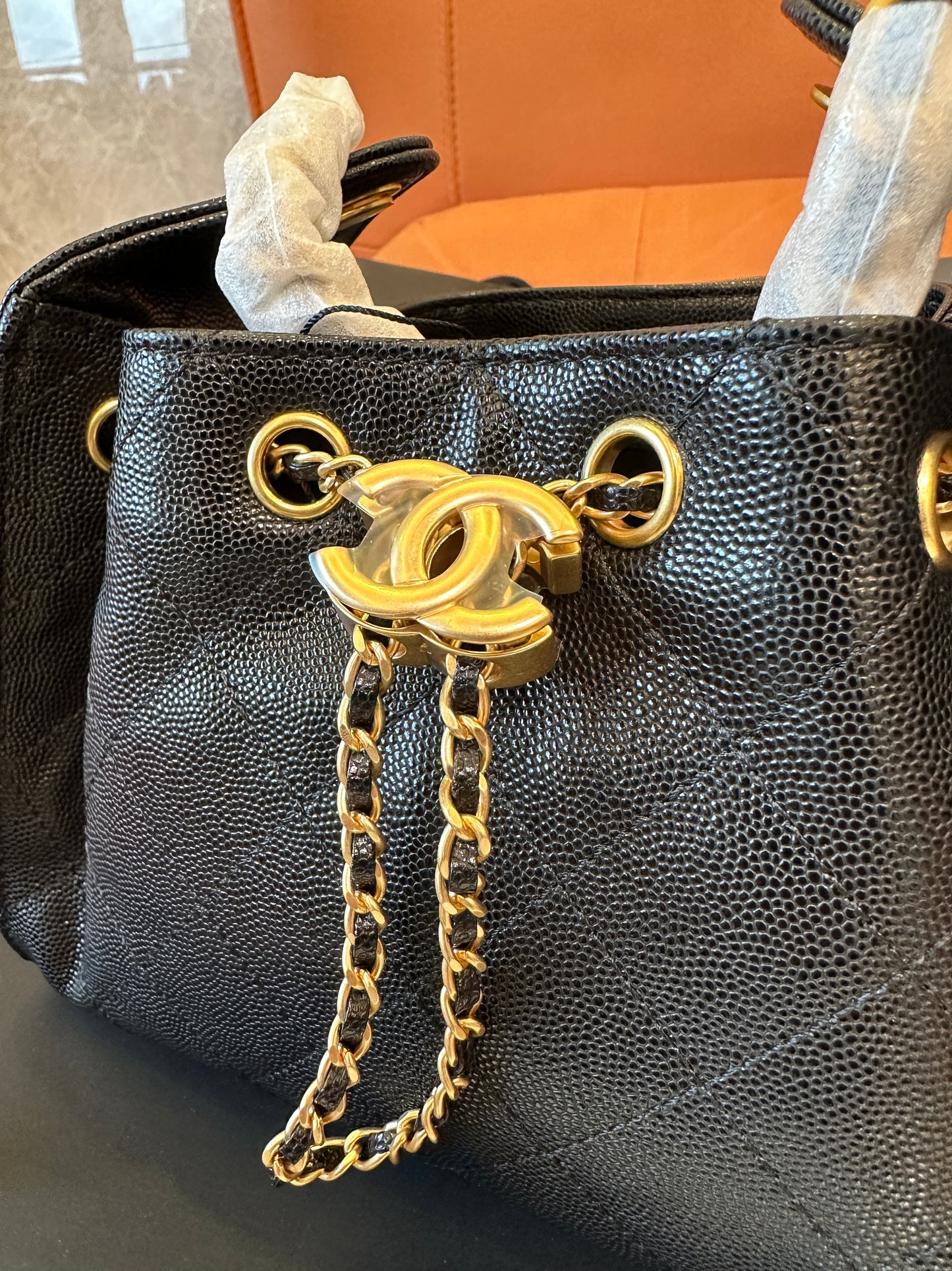 Chanel Drawstring Bucket Bag Black Caviar Leather