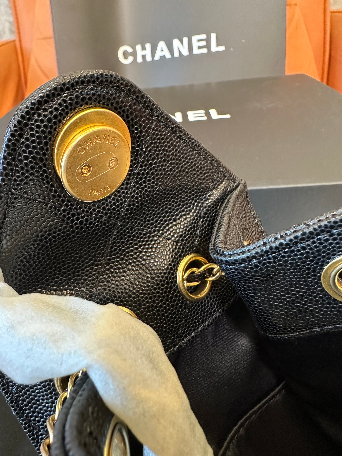 Chanel Drawstring Bucket Bag Black Caviar Leather