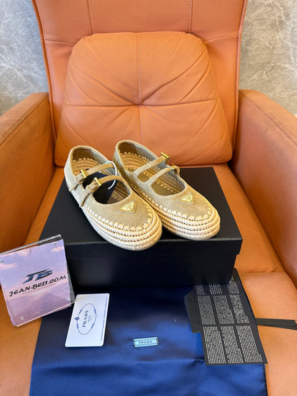 Prada Suede Double-Strap Espadrille Mary Jane Flats