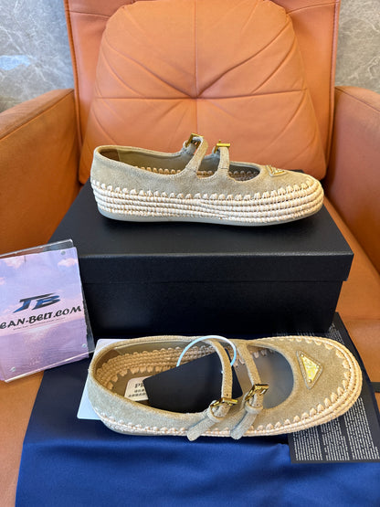 Prada Suede Double-Strap Espadrille Mary Jane Flats