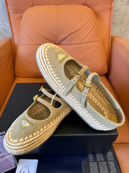 Prada Suede Double-Strap Espadrille Mary Jane Flats