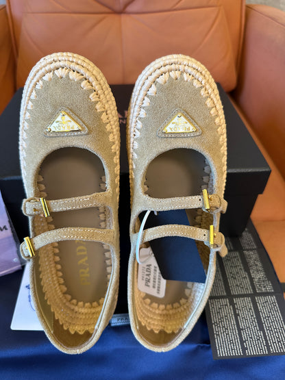 Prada Suede Double-Strap Espadrille Mary Jane Flats