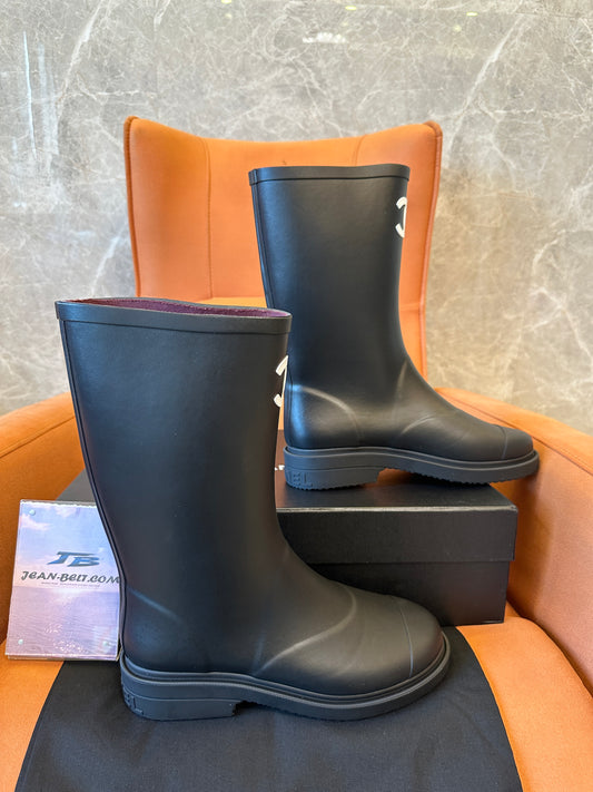 Chanel CC Logo Rubber Rain Boots Black