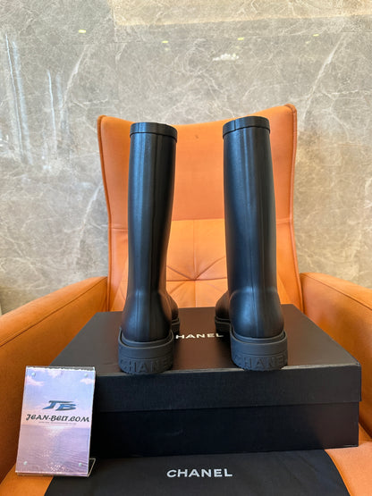 Chanel CC Logo Rubber Rain Boots Black