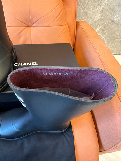 Chanel CC Logo Rubber Rain Boots Black