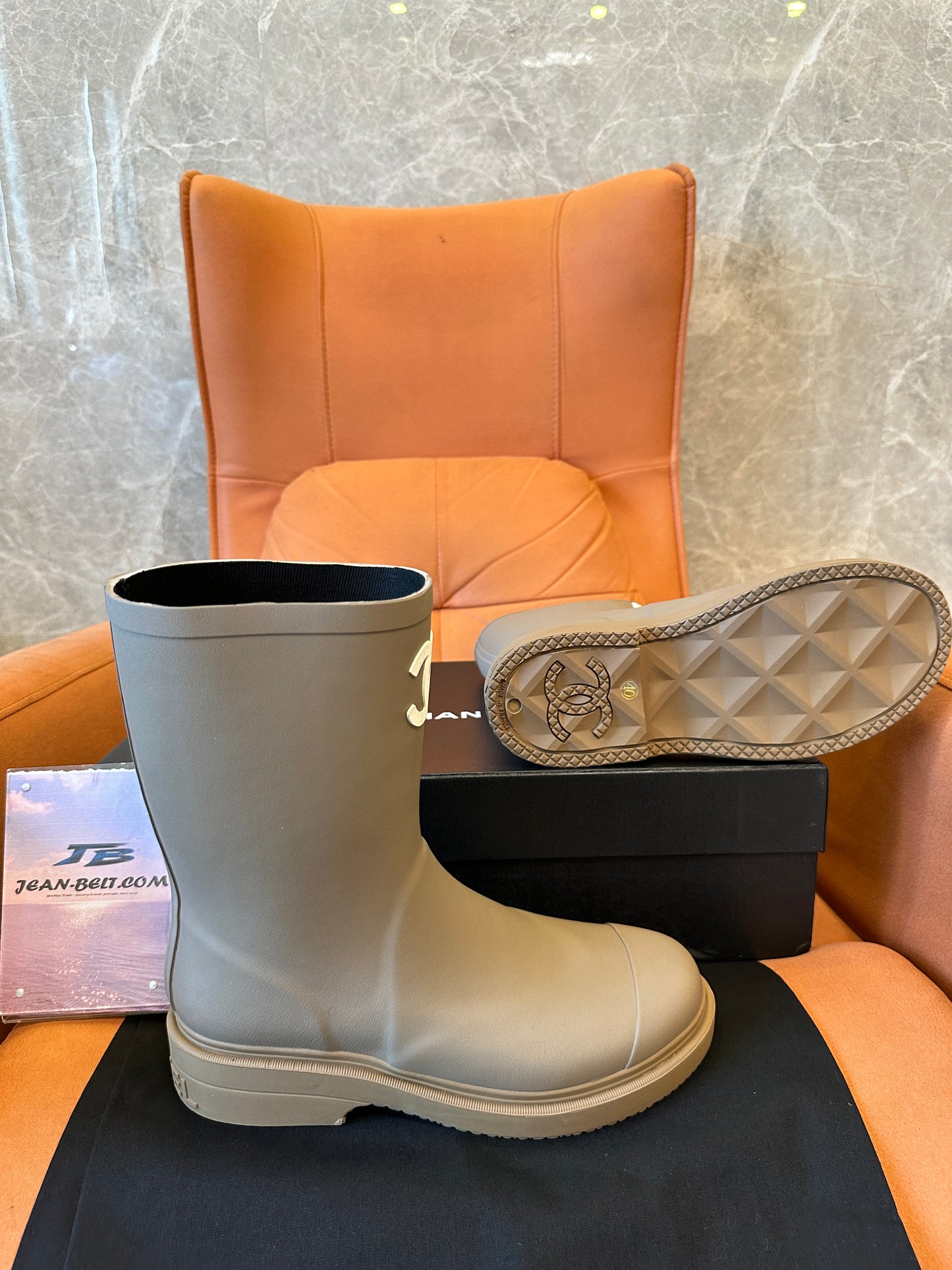 Chanel CC Logo Rubber Rain Boots – Taupe Grey