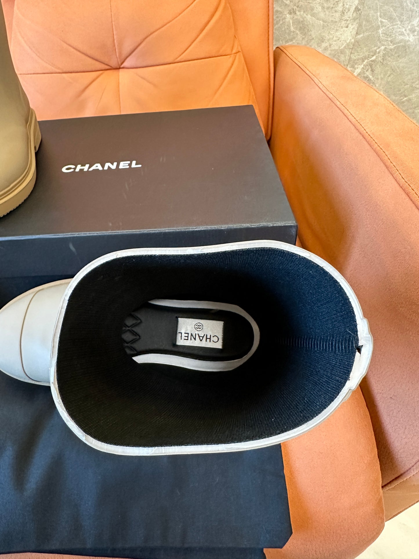Chanel CC Logo Rubber Rain Boots – Taupe Grey