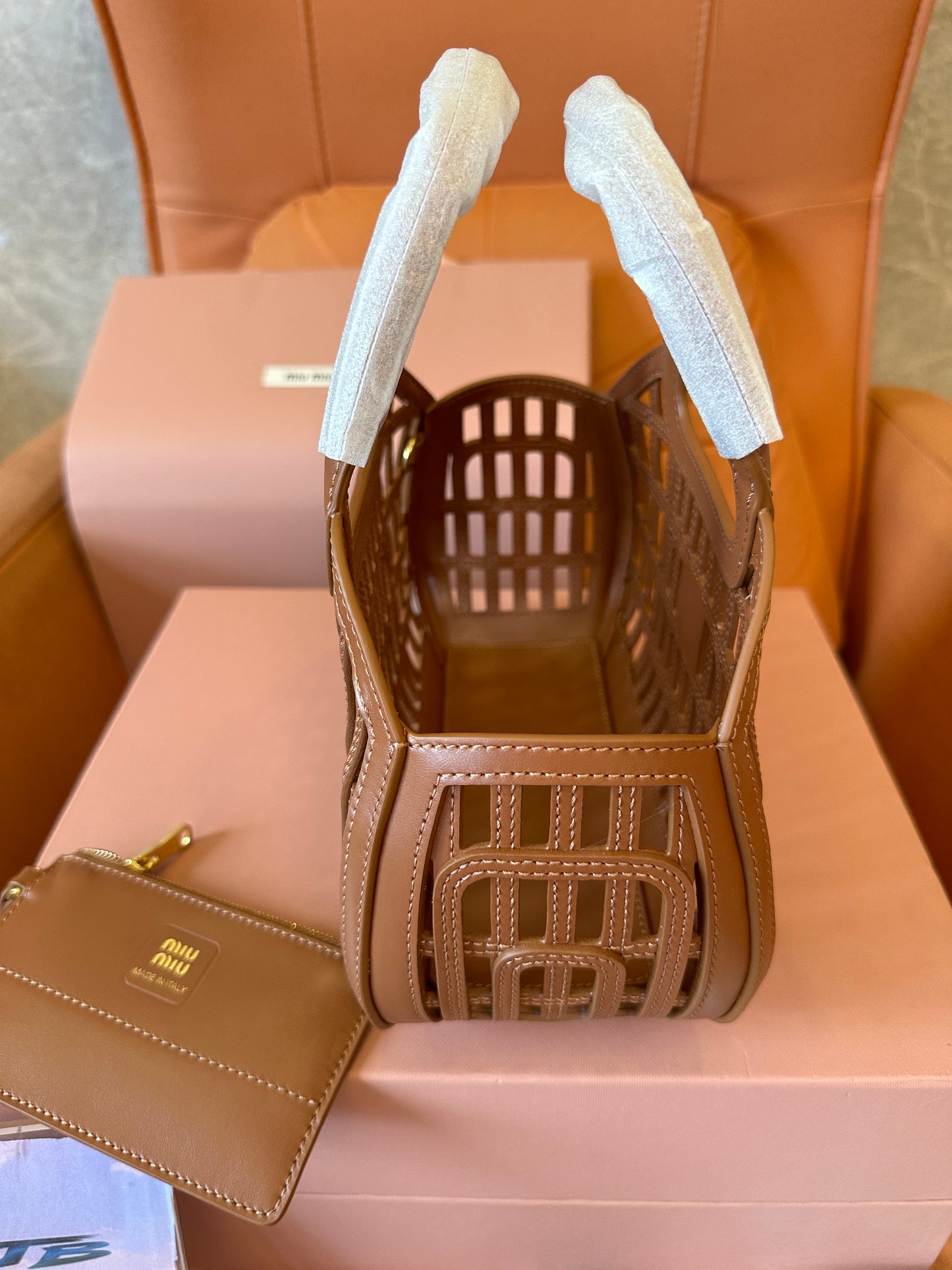 Miu Miu Brown Leather Woven Handbag