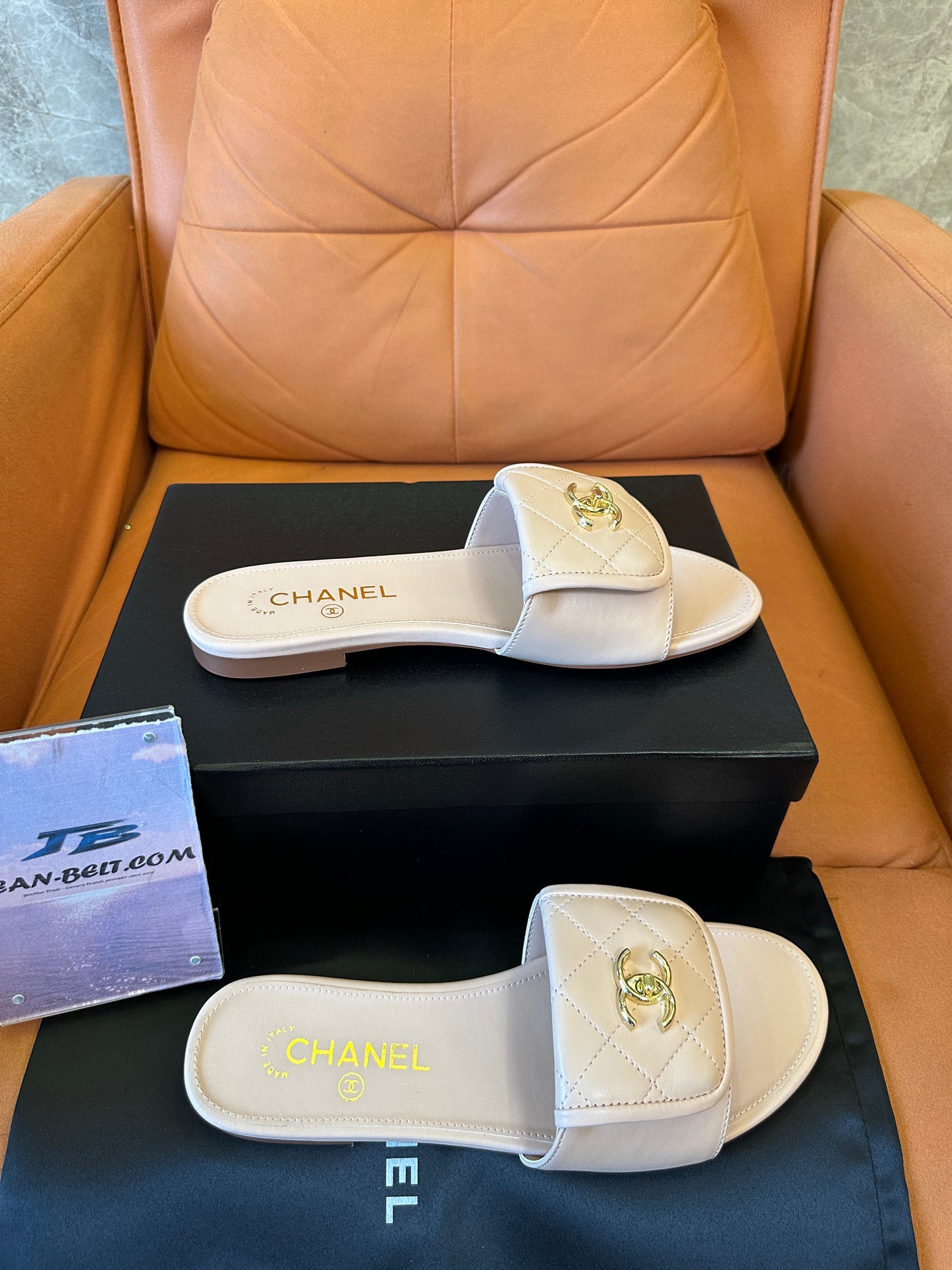 Chanel Quilted CC Leather Slide Sandals Light Pink