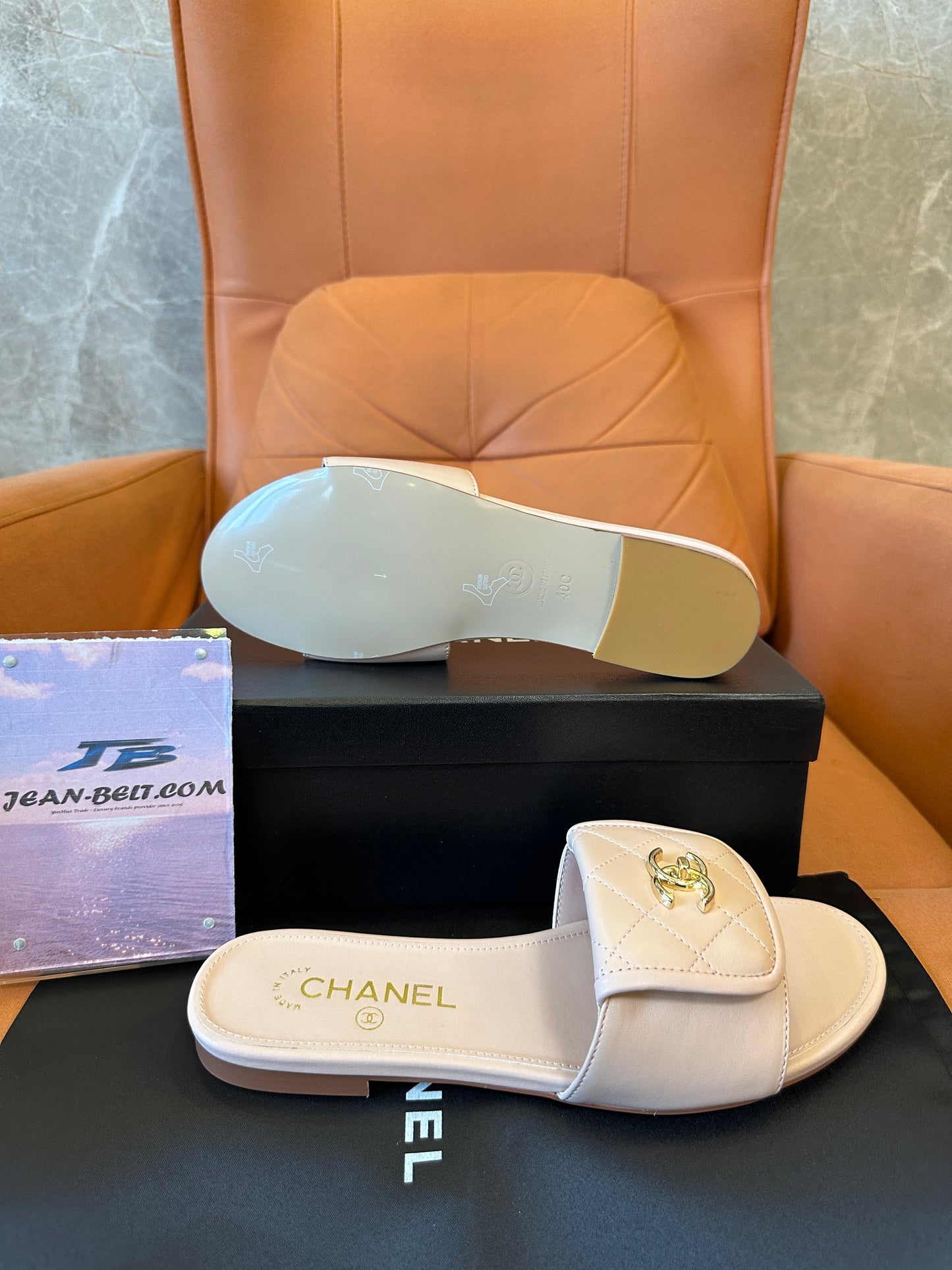 Chanel Quilted CC Leather Slide Sandals Light Pink