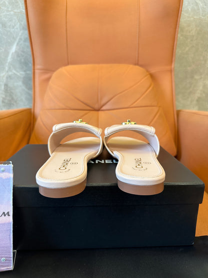 Chanel Quilted CC Leather Slide Sandals Light Pink