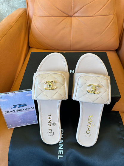 Chanel Quilted CC Leather Slide Sandals Light Pink