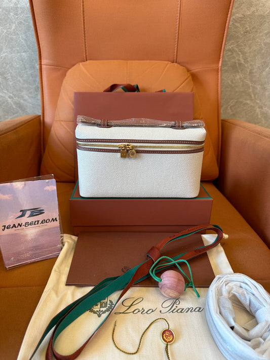 Loro Piana canvas zipper clutch bag – ivory beige with leather trim