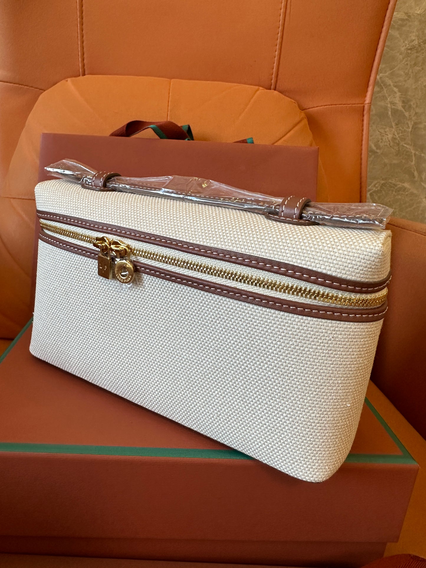 Loro Piana canvas zipper clutch bag – ivory beige with leather trim