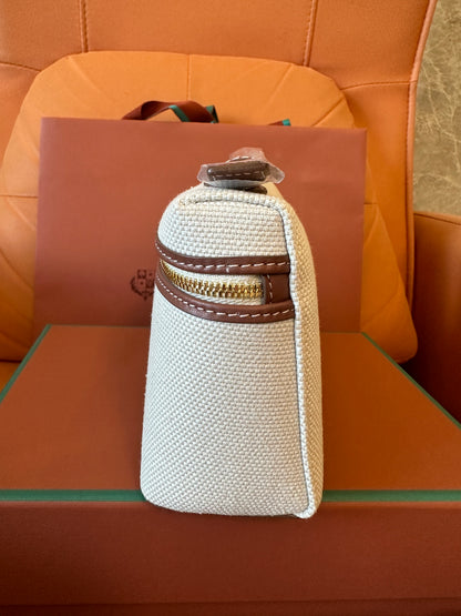Loro Piana canvas zipper clutch bag – ivory beige with leather trim