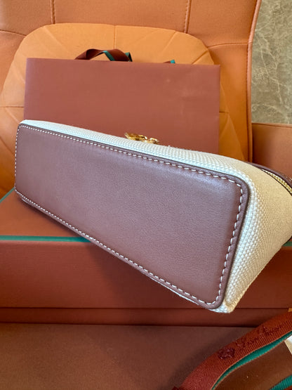 Loro Piana canvas zipper clutch bag – ivory beige with leather trim