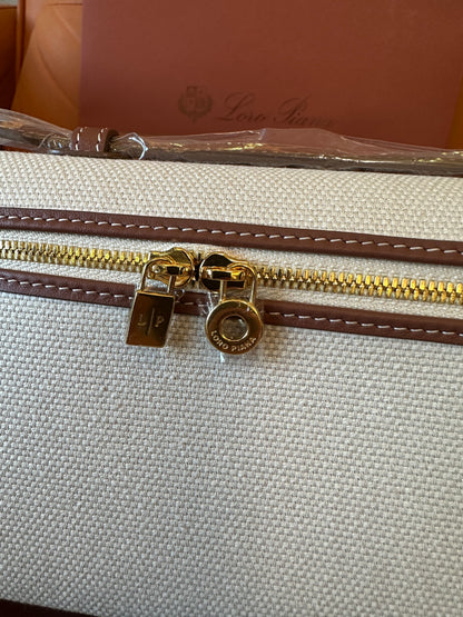 Loro Piana canvas zipper clutch bag – ivory beige with leather trim