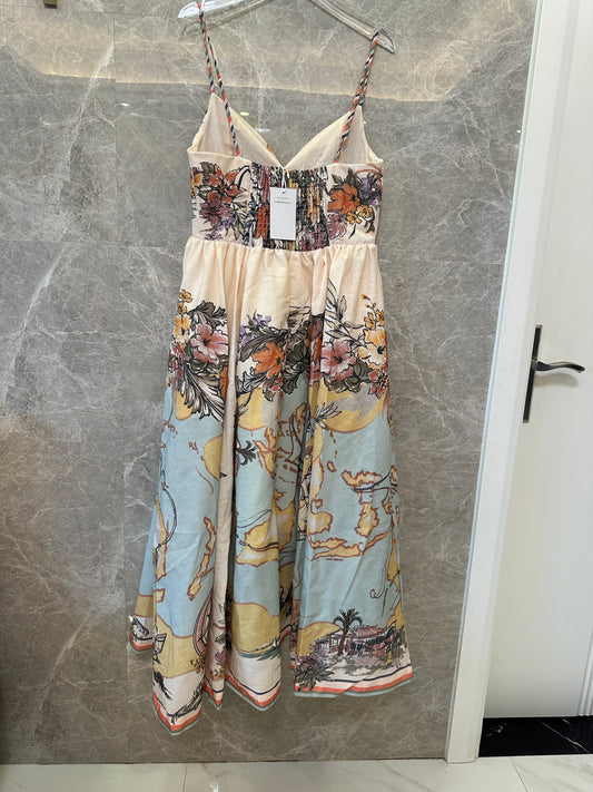 Zimmermann Map Print Spaghetti Strap Midi Dress