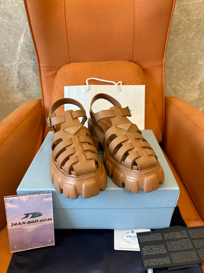 Prada Monolith Caged Leather Sandals Caramel Brown