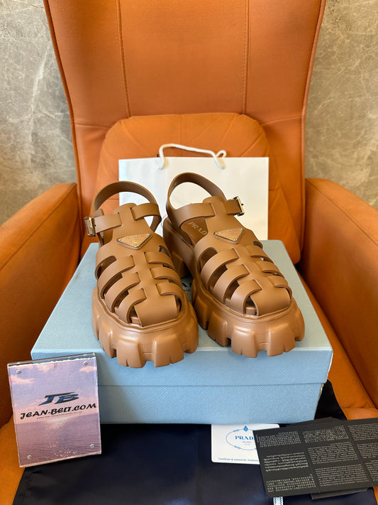 Prada Monolith Caged Leather Sandals Caramel Brown