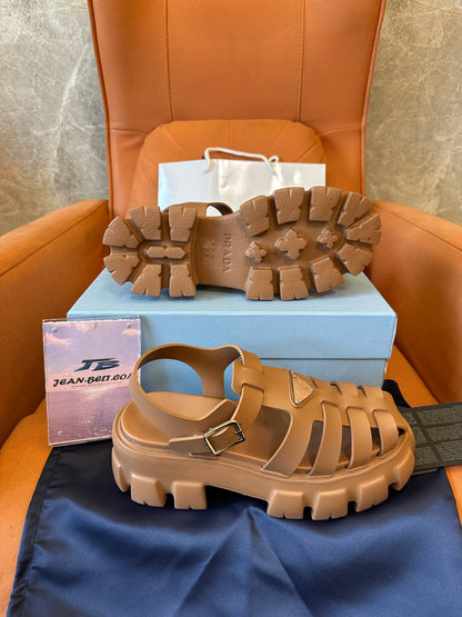 Prada Monolith Caged Leather Sandals Caramel Brown
