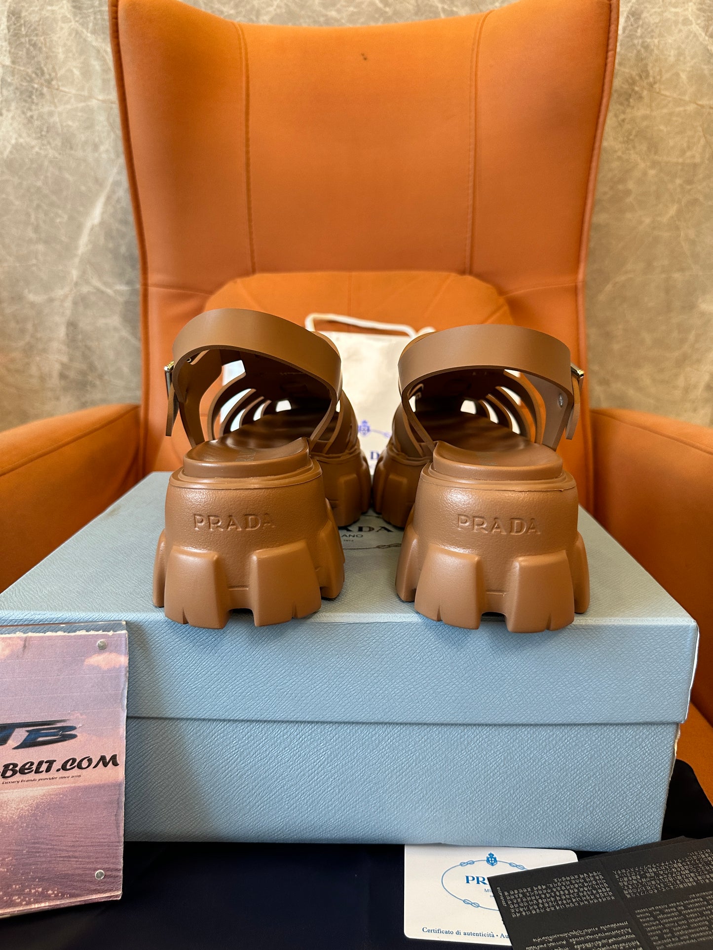 Prada Monolith Caged Leather Sandals Caramel Brown