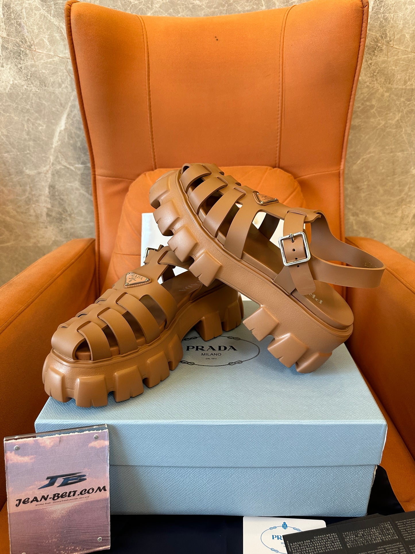 Prada Monolith Caged Leather Sandals Caramel Brown