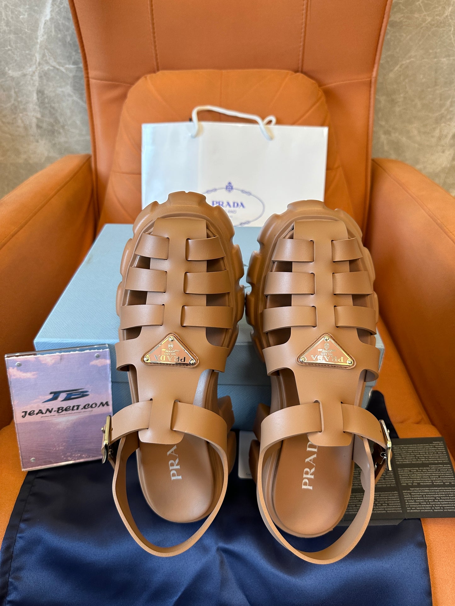 Prada Monolith Caged Leather Sandals Caramel Brown