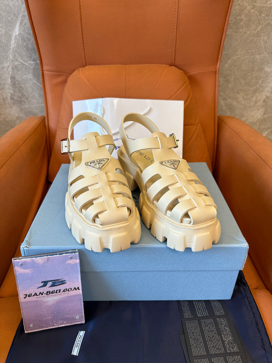 Prada Monolith Caged Leather Sandals Ivory Beige