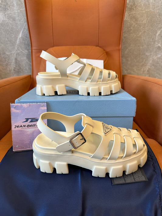 Prada Monolith Caged Leather Sandals Ivory Beige