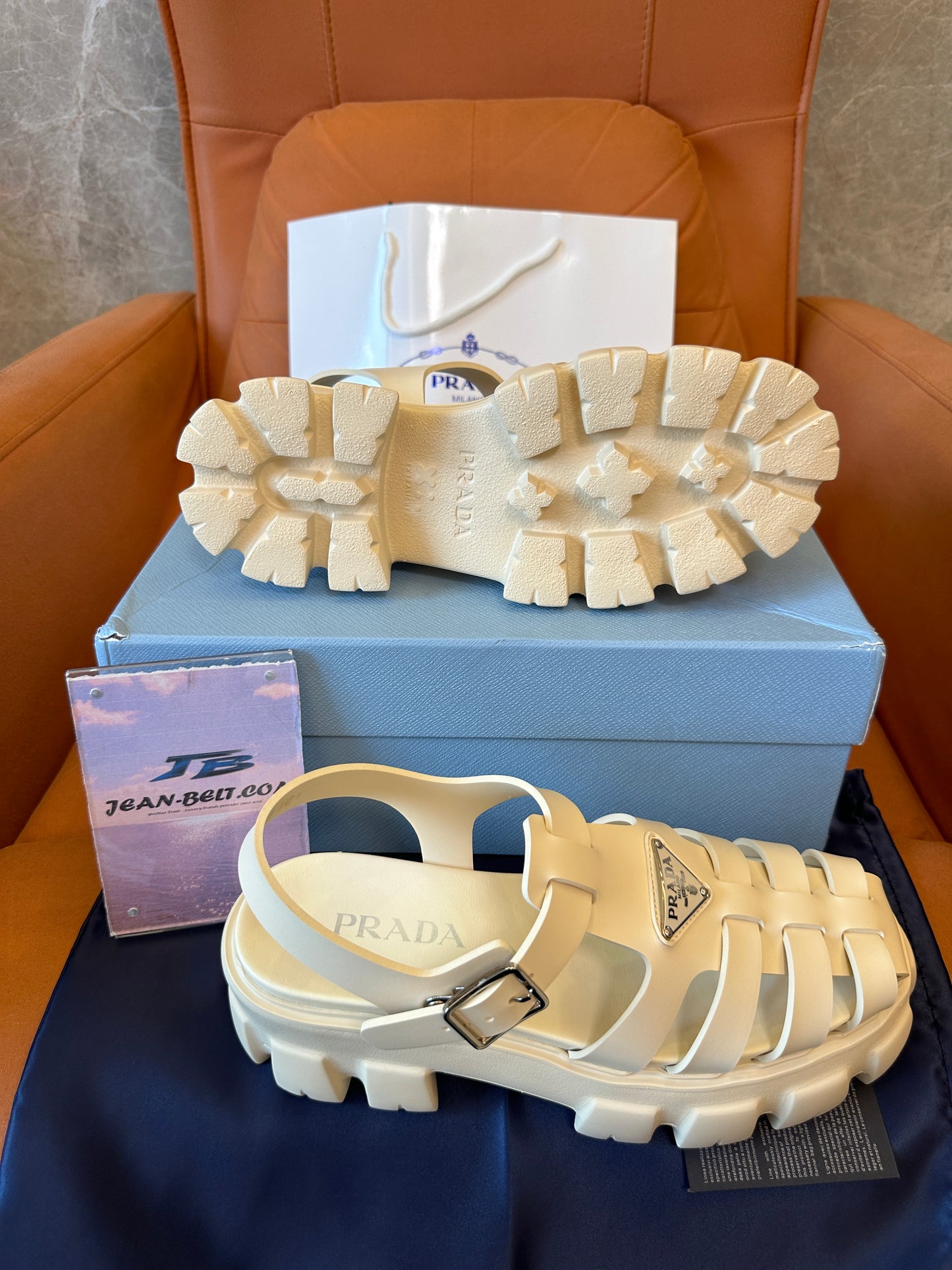 Prada Monolith Caged Leather Sandals Ivory Beige