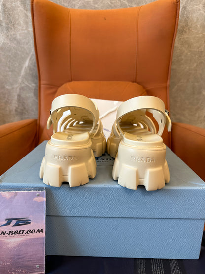Prada Monolith Caged Leather Sandals Ivory Beige