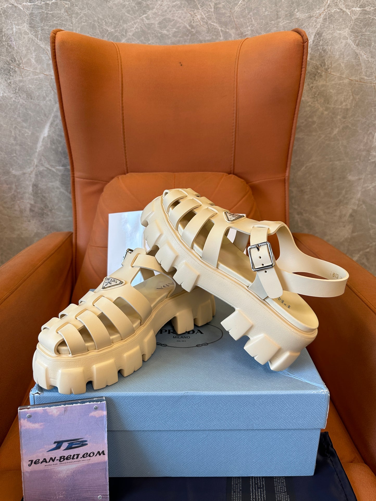 Prada Monolith Caged Leather Sandals Ivory Beige