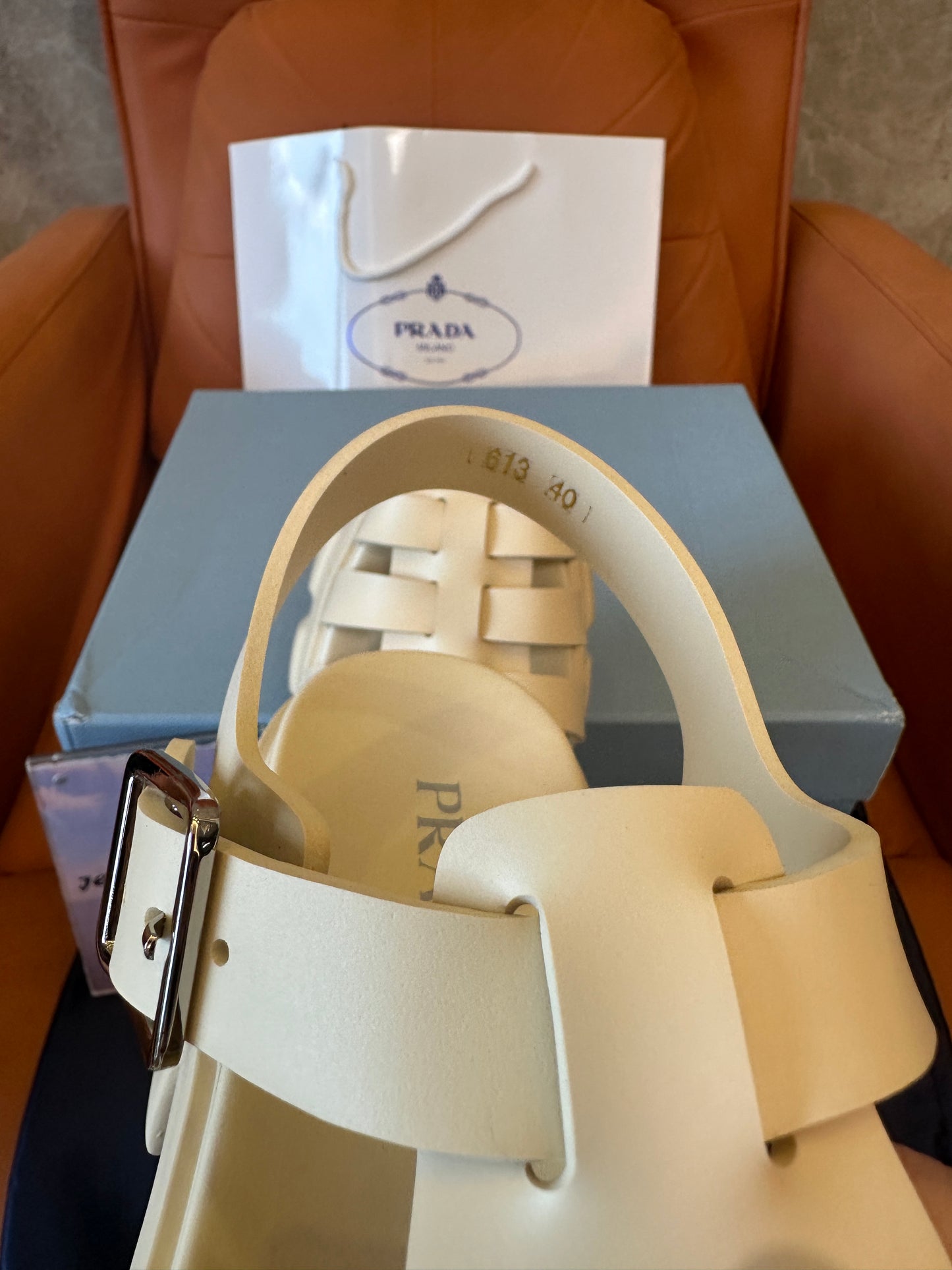 Prada Monolith Caged Leather Sandals Ivory Beige