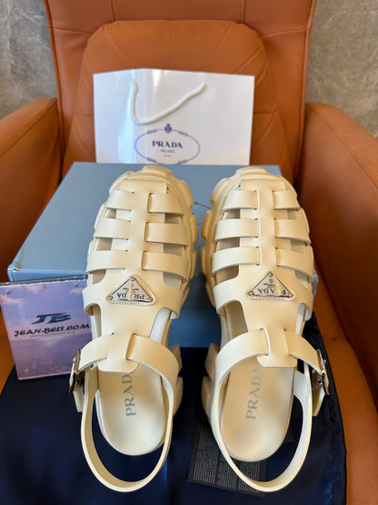 Prada Monolith Caged Leather Sandals Ivory Beige
