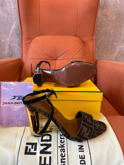 Fendi FF Logo Heeled Sandals Brown