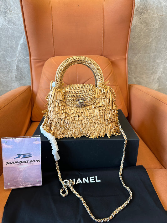 Chanel Raffia Fringe Mini Top Handle Bag Natural