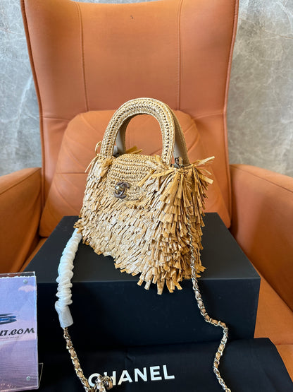 Chanel Raffia Fringe Mini Top Handle Bag Natural